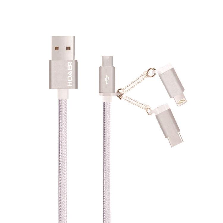 Câble nylon 3 EN 1 (Lightning, Type-C, Micro-USB) Vers UBS Argent
