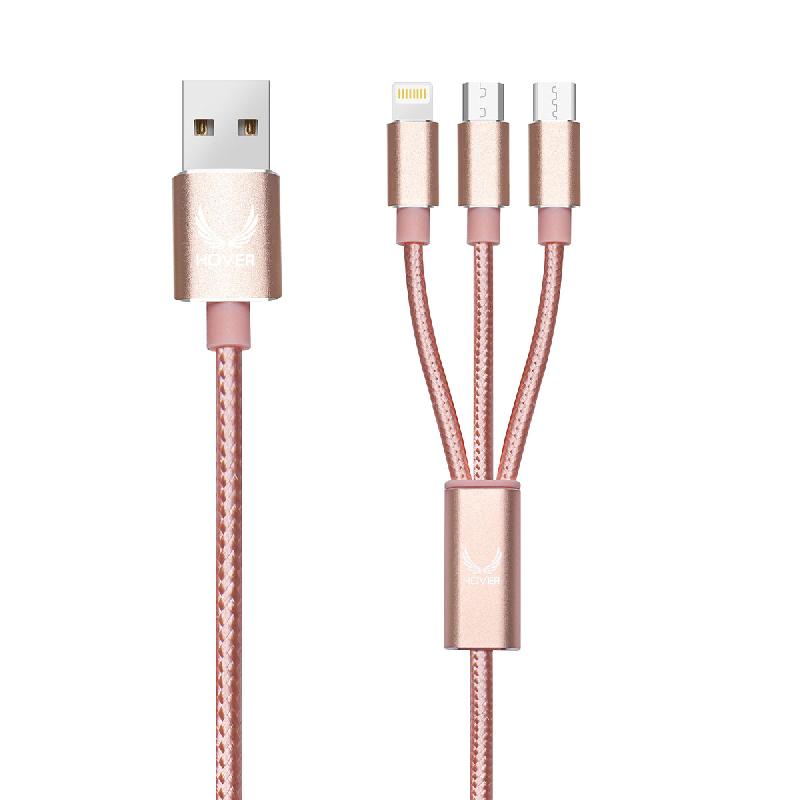 Câble 3 EN 1 (Lightning,Micro USB et Type-C) Rose
